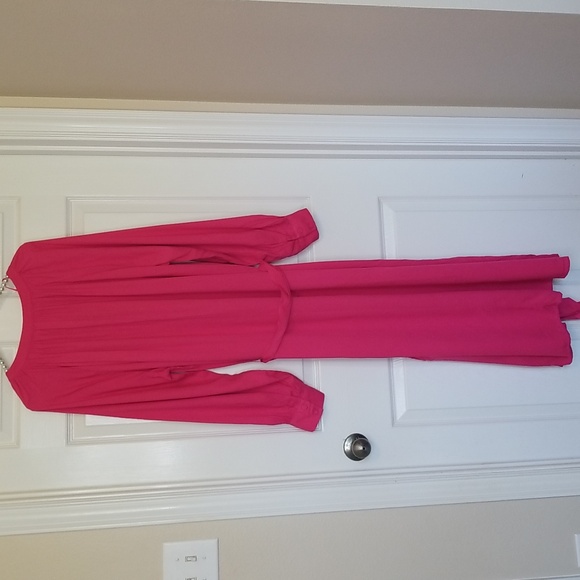 H&M Linen Tie Belt Midi Pink Long Puff Sleeve V Neck Dress Size Extra La… - Picture 5 of 12